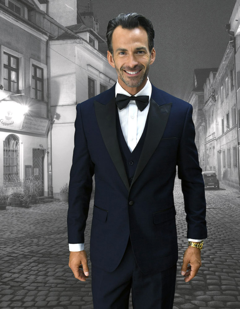 STATEMENT BELLAGIO-16 BLACK, 4 PC FANCY SUIT WITH MATCHING BOW TIE, MODERN  FIT, WOOL ITALY