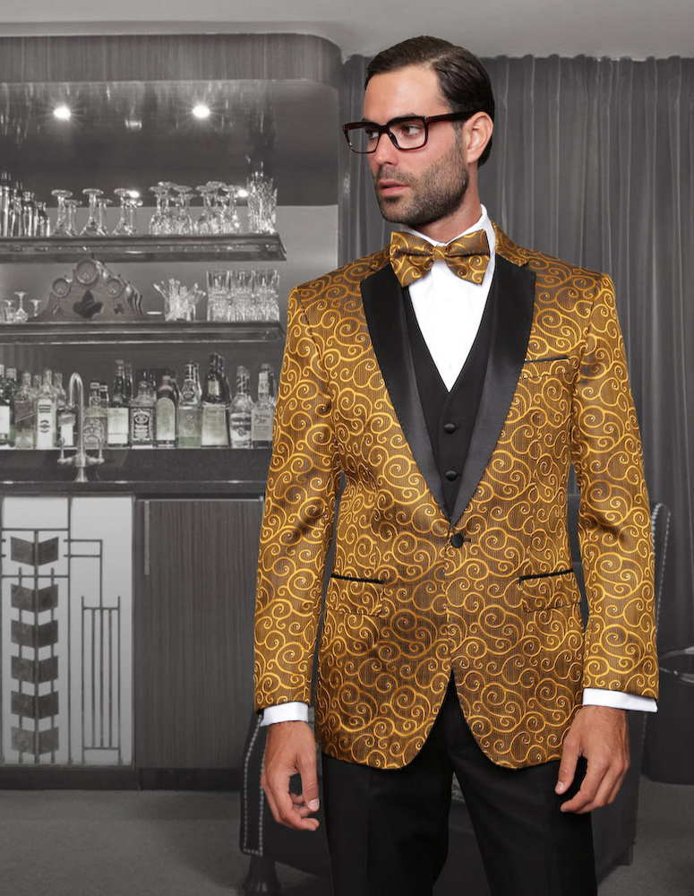 STATEMENT BELLAGIO-5 GOLD, 4 PC FANCY SUIT WITH MATCHING BOW TIE, SLIM FIT,  WOOL ITALY