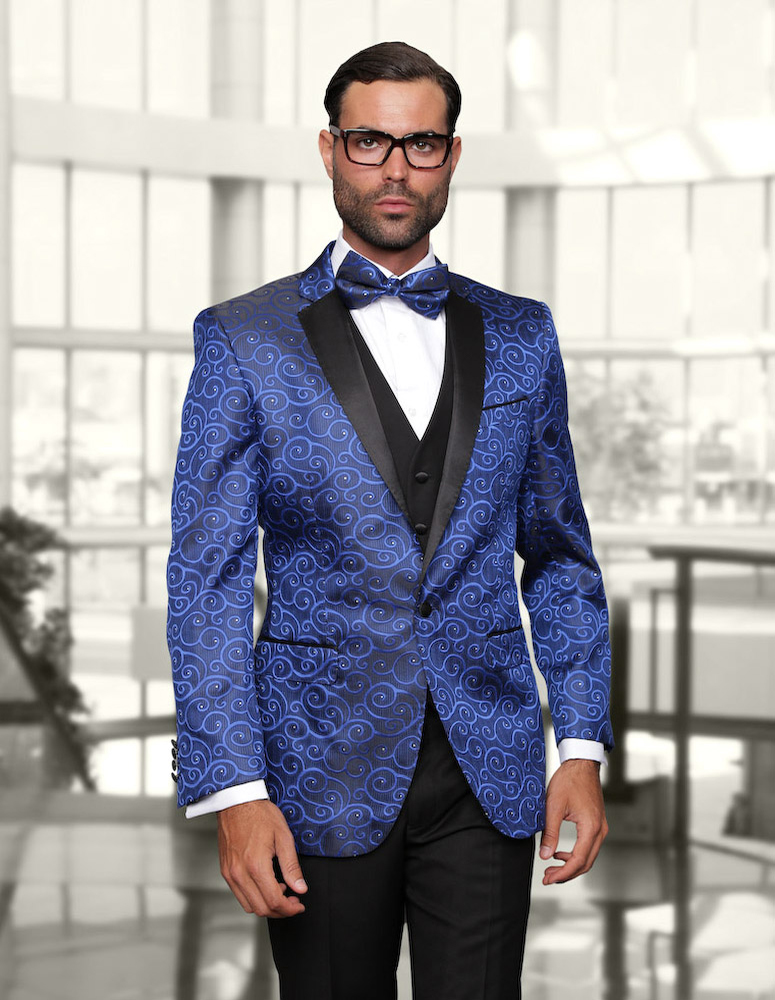 Statement Bellagio Royal 3PC Mens Suit Tuxedo with A Vest and Matching Bow TIE.
