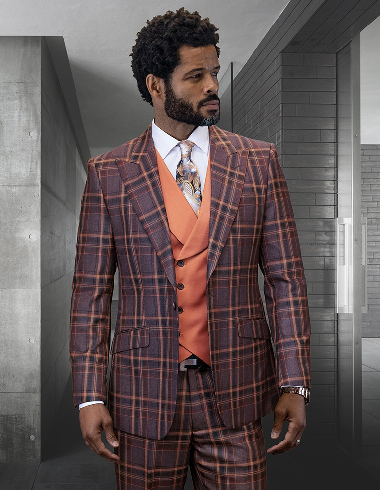 STATEMENT RIGATO GREY PLAID, 3 PC SUIT , MODERN FIT WITH DOUBLE BREASTED  VEST 100% WOOL